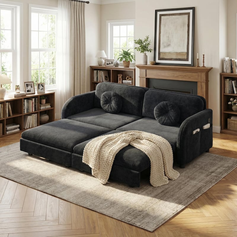 Homy Casa 3-in-1 Convertible Sleeper Sofa Bed, Pull-Out Couch w/ USB, Side Pocket & 4 Pillows, Chenille, 2/3/4-Seat