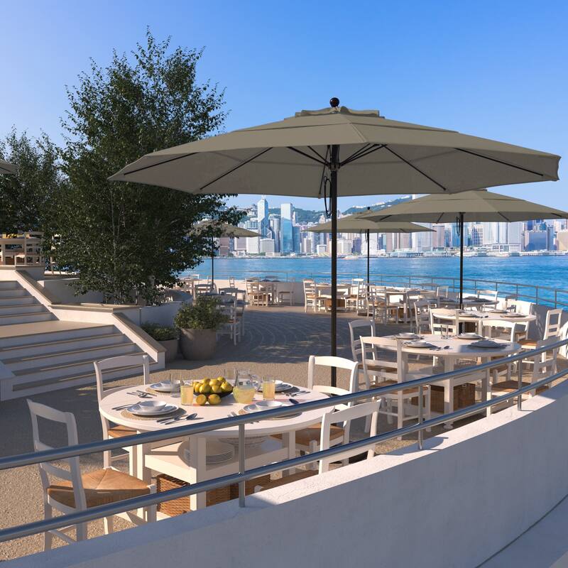 California Umbrella 11' Venture Series Patio Umbrella, Bronze Aluminum Pole Fiberglass Ribs Pulley Lift, Pacifica Pacific Blue - Taupe