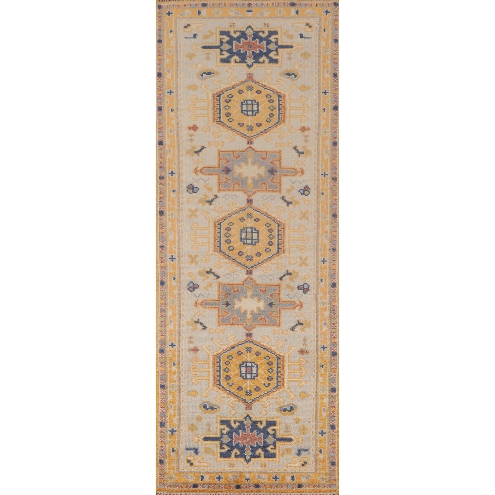 Geometric Kazak Runner Rug Hand-Knotted Beige Wool Carpet - 2'5"x 8'0"