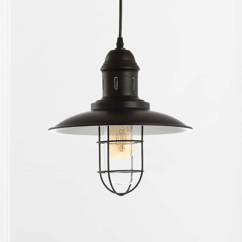 Deere 12" Adjustable Iron/Glass Cage Light LED Kitchen Pendant, Black by JONATHAN Y