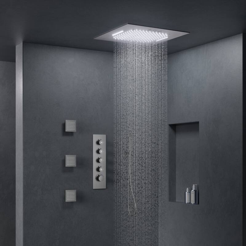 GRANDJOY Thermostatic Shower System 20" Ceiling Mount Shower Head Handheld Spray and Body Jets Combo LED Music - Brushed Nickel
