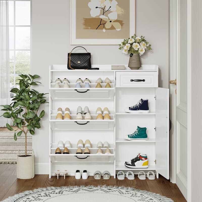 Slim 4-Door Shoe Organizer Rack Cabinet with Drawers and Adjustable Shelves for Entryway, Hallway Organized Storage