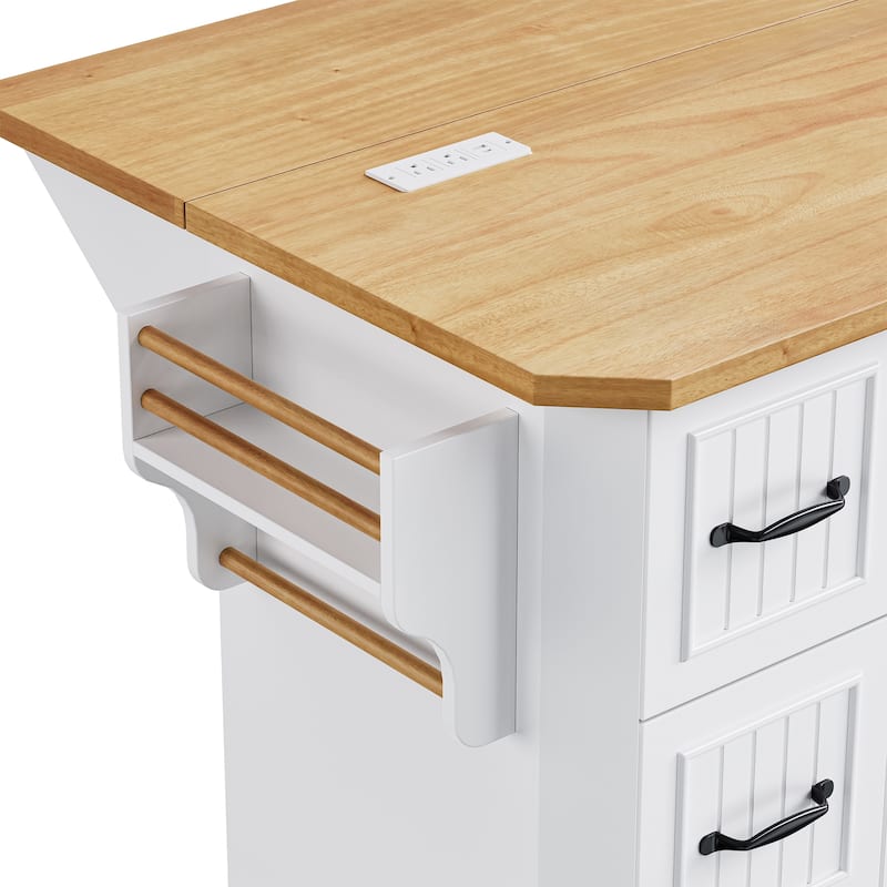 56" Kitchen Island with Rubber Wood Veneer Drop Leaf,Power Outlet,For Kitchen,Dining Room(Not Include Stools)