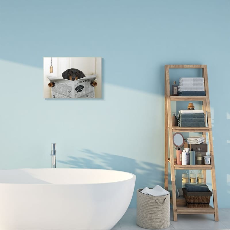 Stupell Dog On Toilet Newspaper Funny Animal Pet Design Wood Wall Art