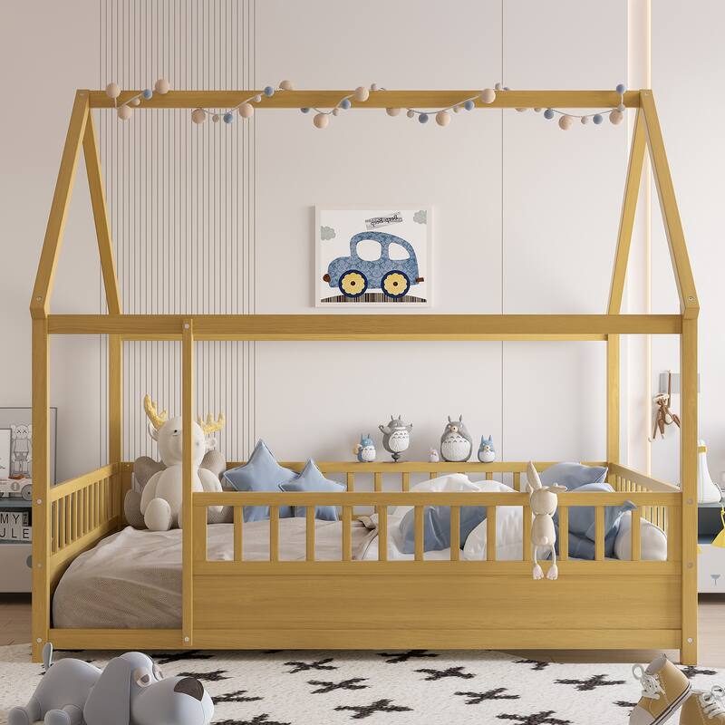 Full Size Floor Wooden Bed with House Roof Frame, Fence Guardrails(Full,Natural) - Natural