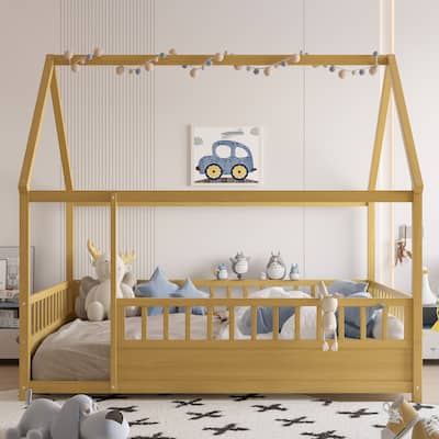 Full Size Floor Wooden Bed with House Roof Frame