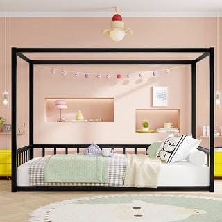 Open Montessori Floor Bed Twin Iron Canopy Bed Frame with Multi-sided Guardrail Protection, Prevent Accidental