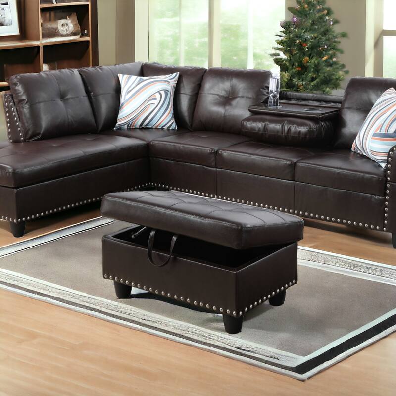 KISRAIS 28.5" Wide Vegan Leather Nailhead Trim Storage Ottoman
