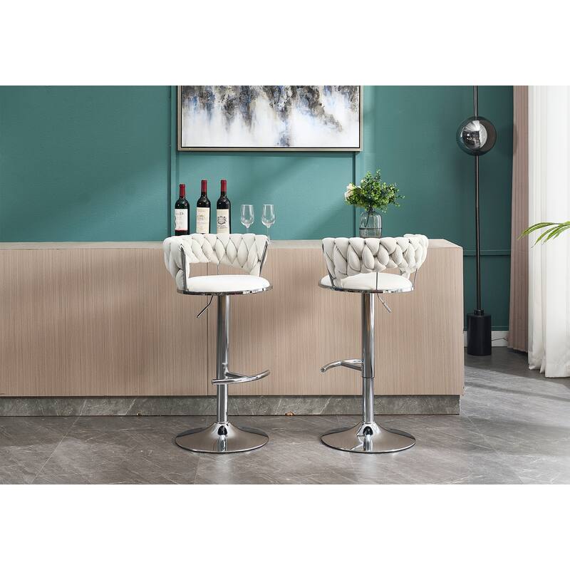 Set of 2 Bar Stools, with Chrome Footrest and Base, Swivel, Height Adjustable Mechanical Lifting, Velvet Upholstered