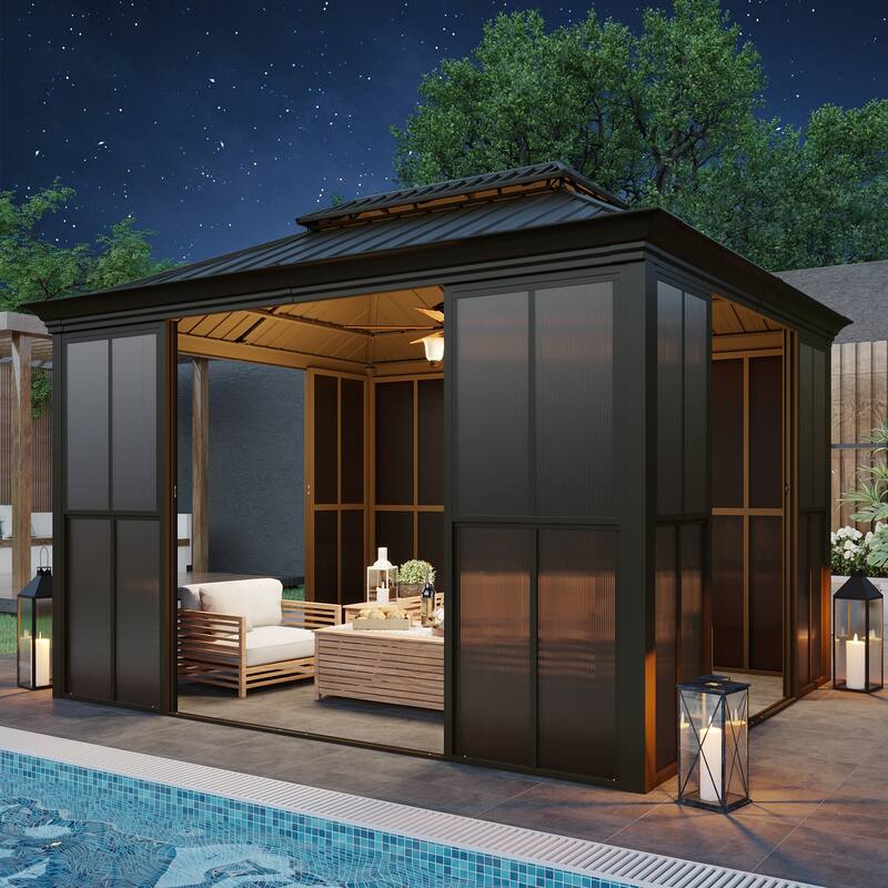 Hardtop Gazebo with Double Steel Roof, Sliding/Lockable Doors & Screens - All-Season Rustproof Aluminum Frame，Advanced Drainage