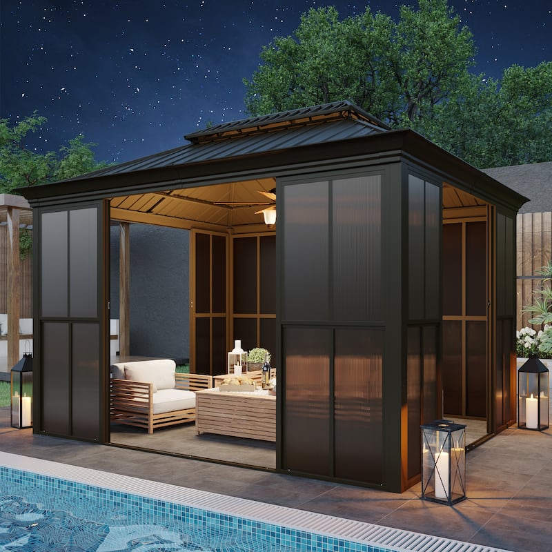 Hardtop Gazebo with Double Steel Roof, Sliding/Lockable Doors & Screens - All-Season Rustproof Aluminum Frame,Advanced Drainage