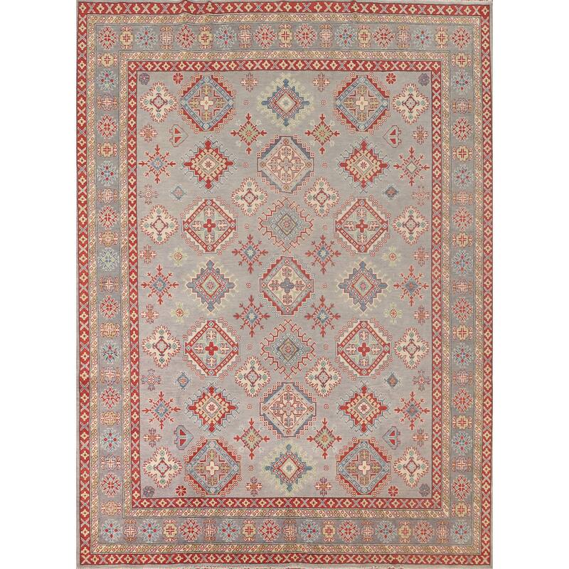 Geometric Kazak Oriental Area Rug Handmade Grey Wool Carpet - 8'2" x 10'0"