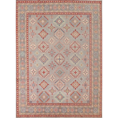 Geometric Kazak Oriental Area Rug Handmade Grey Wool Carpet - 8'2" x 10'0"