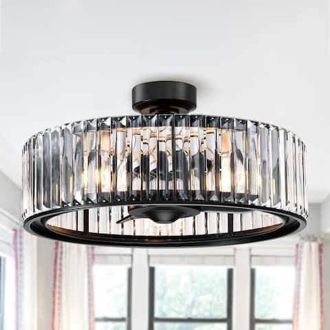 25" Black Crystal Dimmable LED Cage Ceiling Fan Chandelier