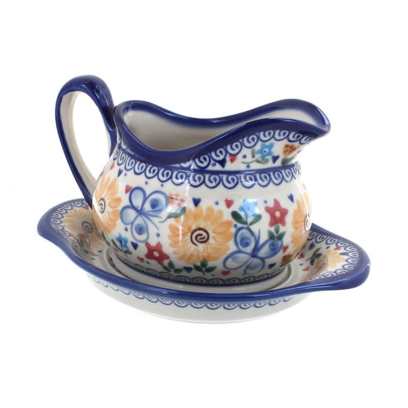 Blue Rose Polish Pottery 128-129 Vena Gravy Boat & Plate