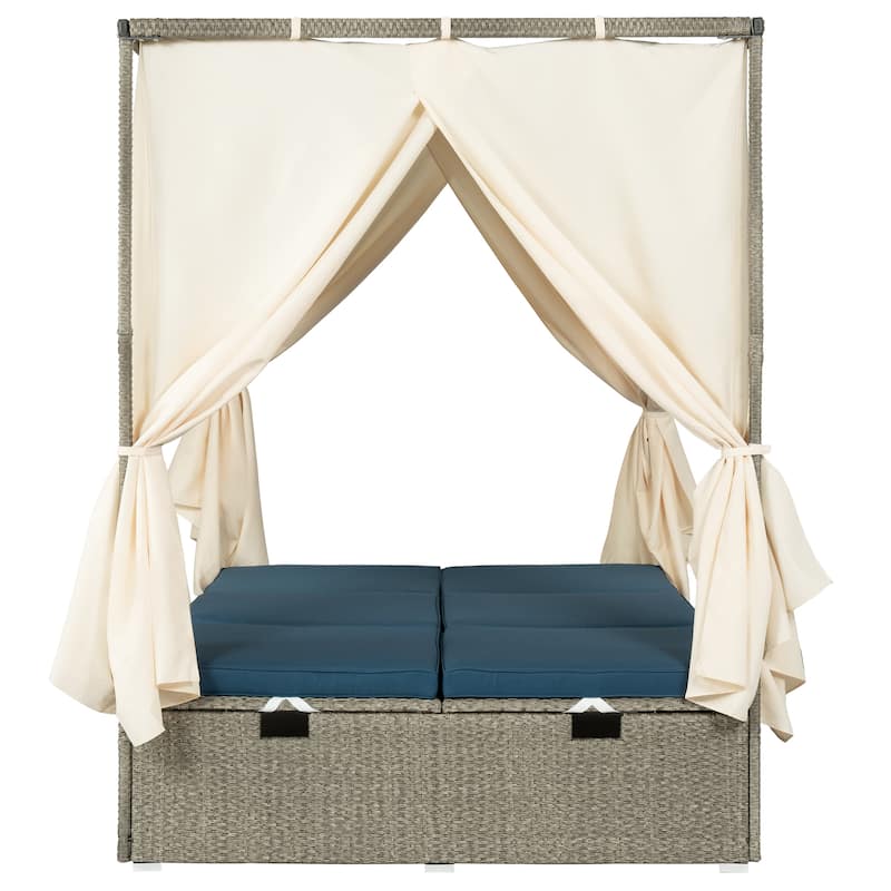 Outdoor Patio Rattan Canopy Daybed Sunbed with Curtain and Adjustable Seat