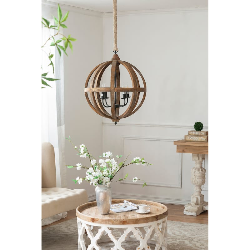4 - Light Wood Chandelier, Hanging Light Fixture with Adjustable Chain for Kitchen Dining Room Foyer Entryway,Bulb Not Included