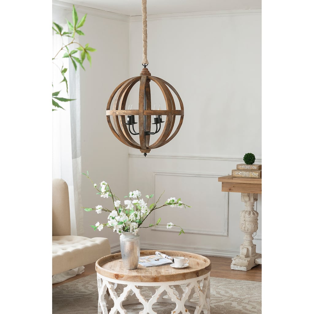 Brown Globe Hanging Ceiling Light, Wood Pendant Chandelier for Living Room Bedroom, Pendant Ceiling Lighting Fixture