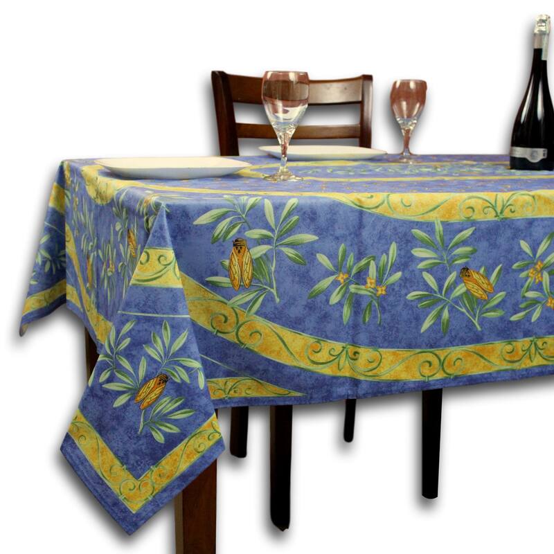 Wipeable French Spill Resistant Bees Print Acrylic Coated Tablecloth - 60 x 98 in - Blue Design