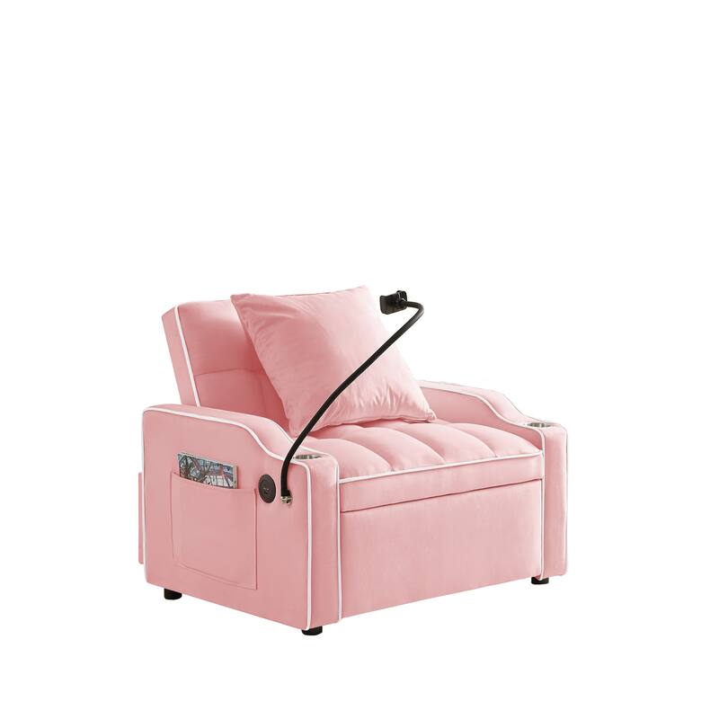 Convertible Pull-Out Chair Bed with USB Ports, Adjustable Backrest & Cup Holder