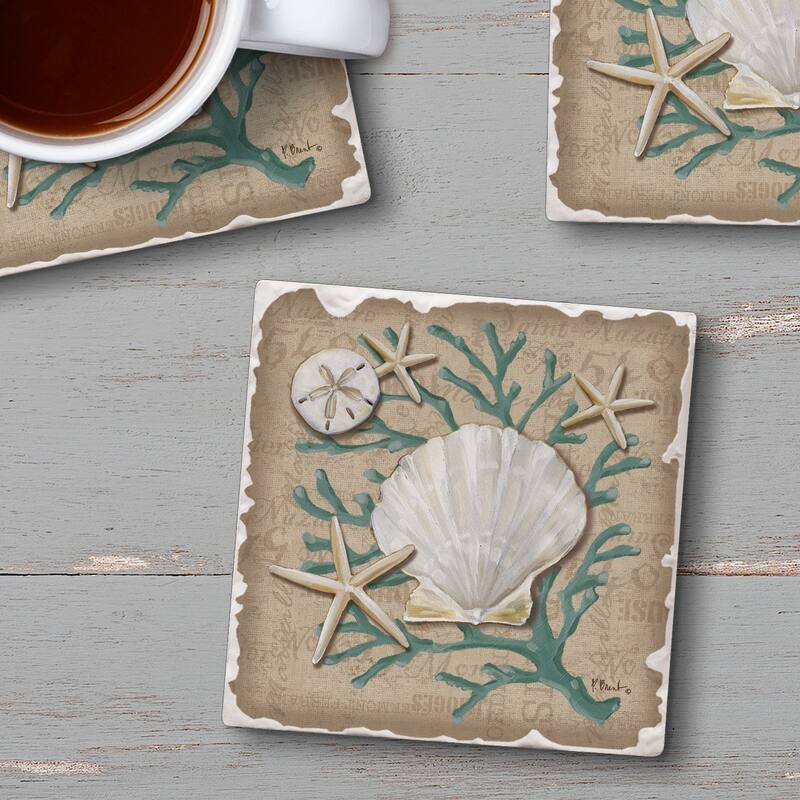 Counterart Absorbent Stone Coasters - Linen Shells - Set of 4 - 4x4x2