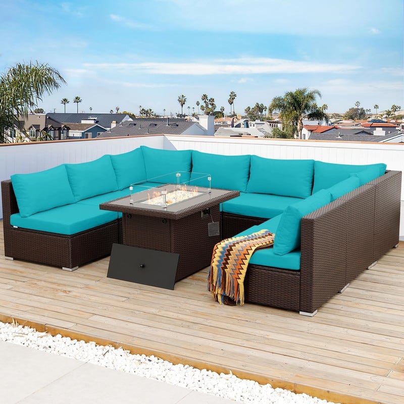 FINCATI Outdoor Wicker Patio Furniture Conversation Sectional Sofa Set - 9 PCS-C - Teal
