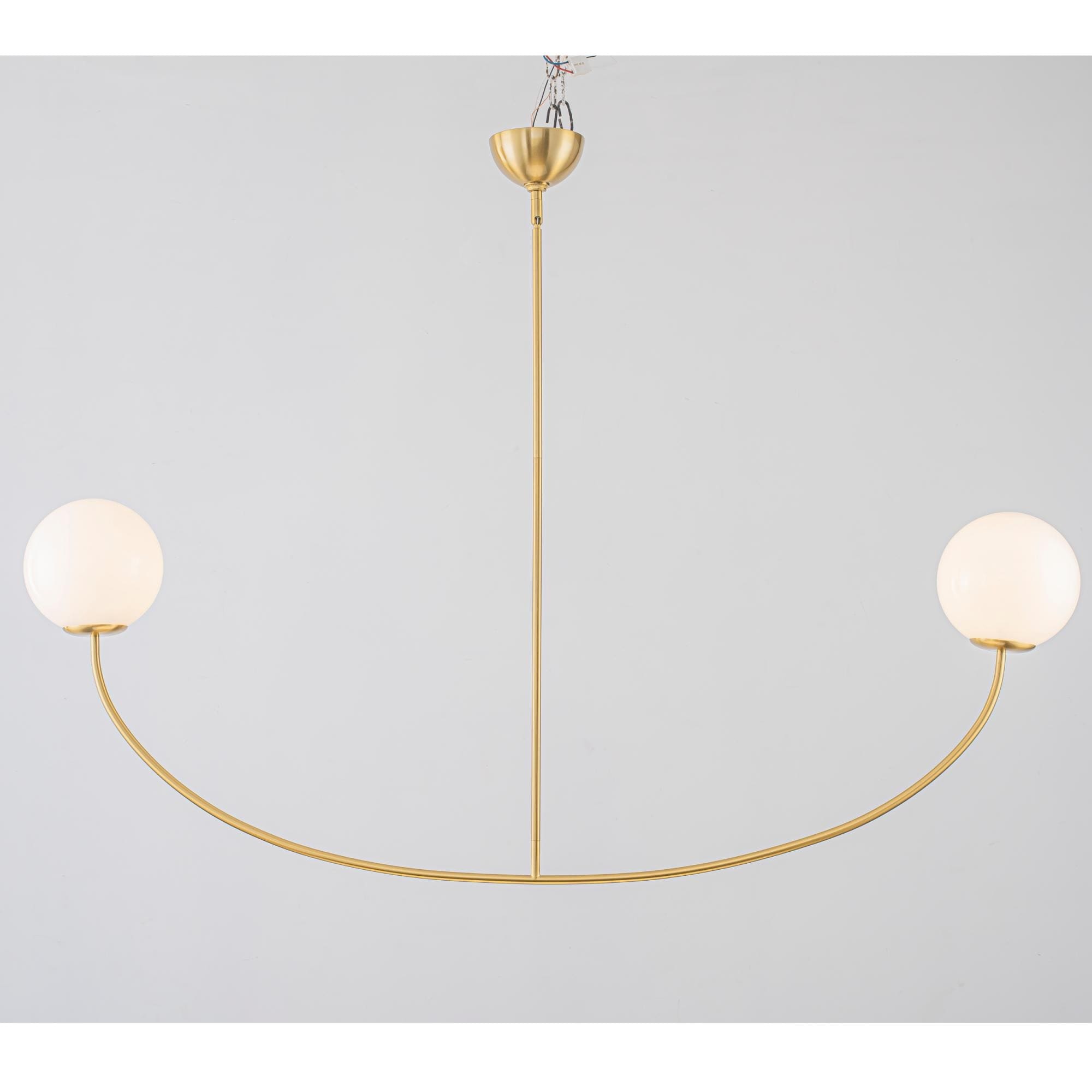 55" Modern Linear 2-Light Brass Finish Island Pendant with Milk White Glass Globe Shades for use in Dining Room
