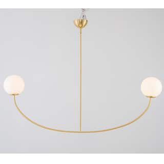 55" Modern Linear 2-Light Brass Finish Island Pendant with Milk White Glass Globe Shades for use in Dining Room
