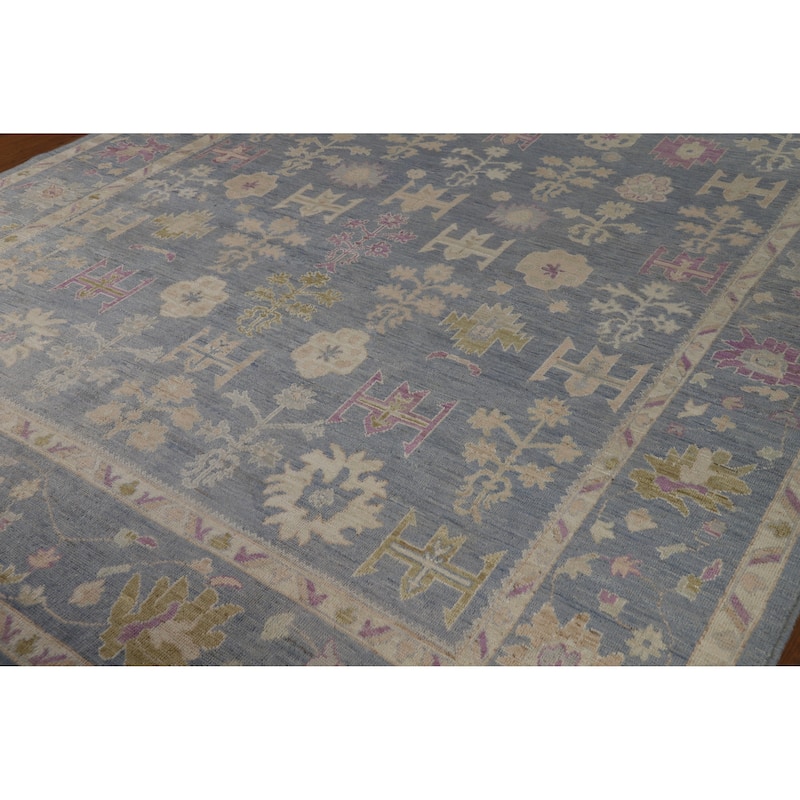Oushak Turkish Area Rug Hand-Knotted Vegetable Dye Blue Wool Carpet - 9'3" x 11'11"