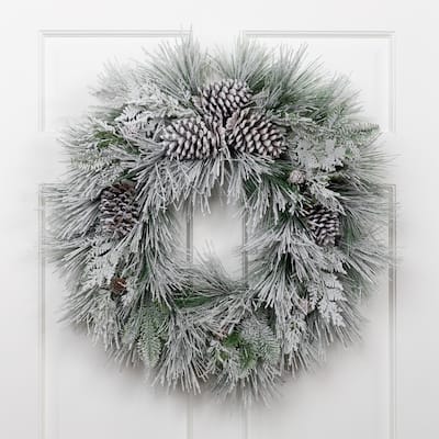 Snowy Long Needle Pine and Pinecone Artificial Christmas Wreath - 26" - Unlit