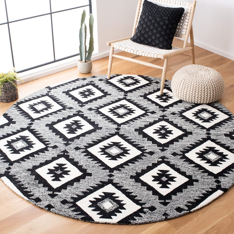 SAFAVIEH Handmade Aspen Marieta Bohemian & Eclectic Tribal Wool - 7' x 7' Round - Charcoal/Black - Runner/Round