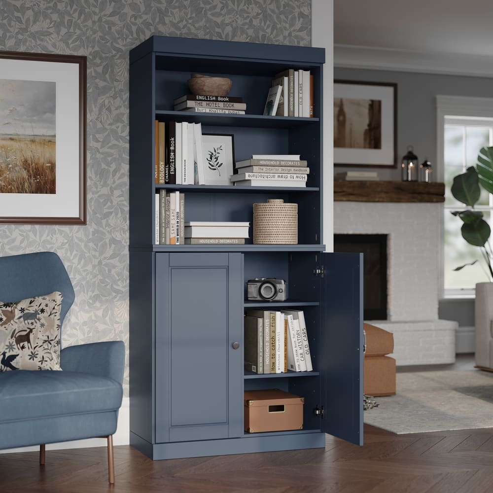 100% Solid Wood Tall Bookcase Cabinet with Doors & Adjustable Shelves, 32" W x 71.5" H, Palace Imports