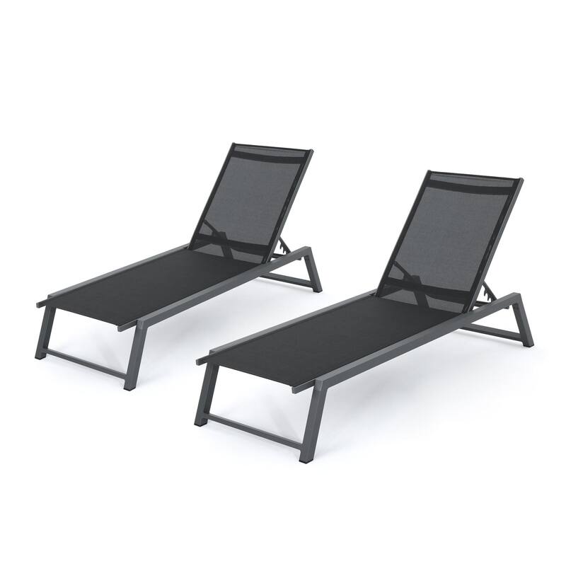 Outdoor aluminum frame mesh chaise lounge chair - Black-2PC