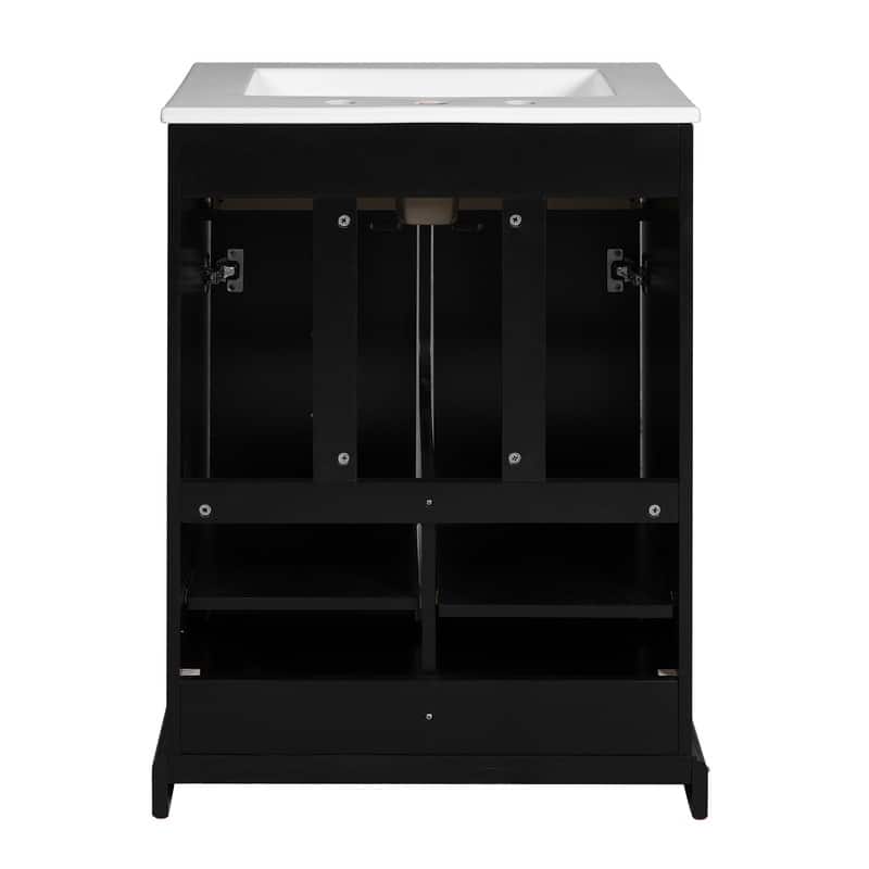 Freestanding Bathroom Vanity Set with Ceramic Sink – Solid Wood Storage Cabinet Featuring 2 Soft-Close Drawers in Black