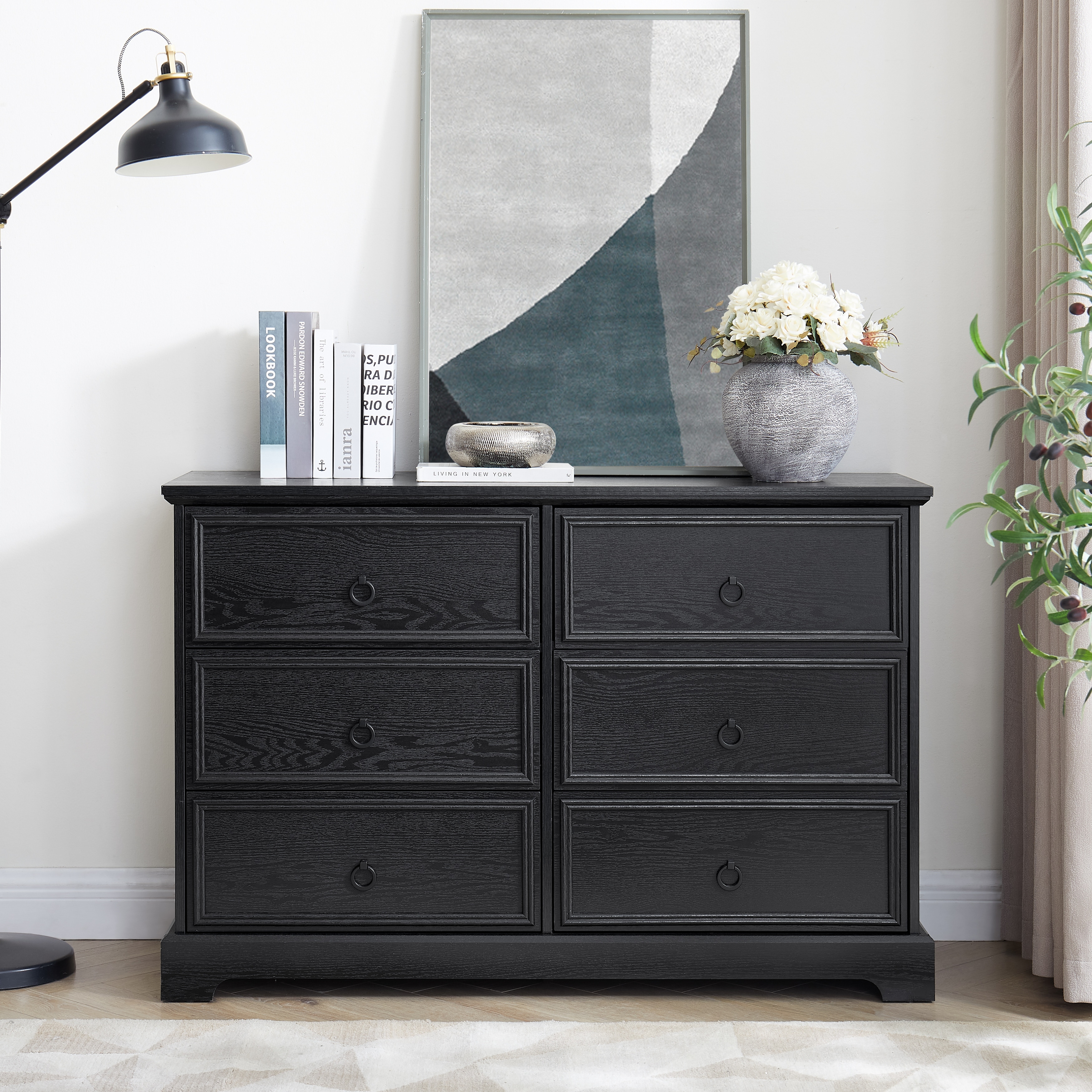 Modern Farmhouse 6-Drawer Dresser, Black with Rustic Oak Top - Bed