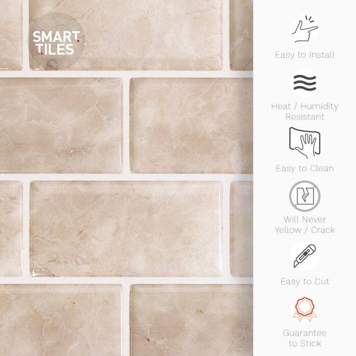 Smart Tiles Self Adhesive Wall Tiles - Subway Sora - 4 Sheets of 10.95'' x 9.70'' Kitchen and Bathroom Stick on Tiles