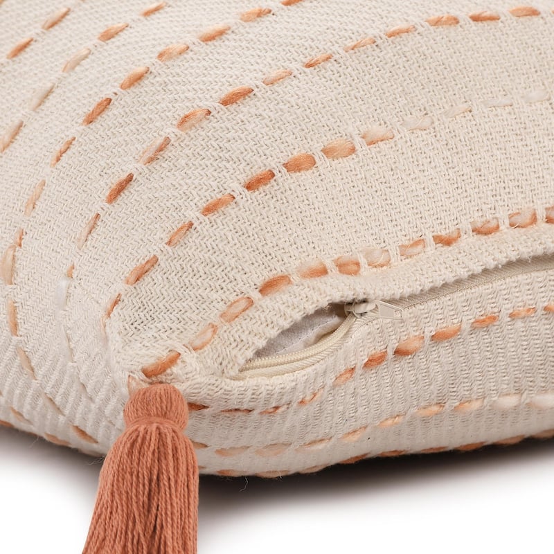 Handmade Stripe Square Throw Pillow with Tassels - 20" - Orange and White