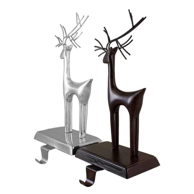 Set of 2 Oil Rubbed Bronze Silver Reindeer Christmas Stocking Holders
