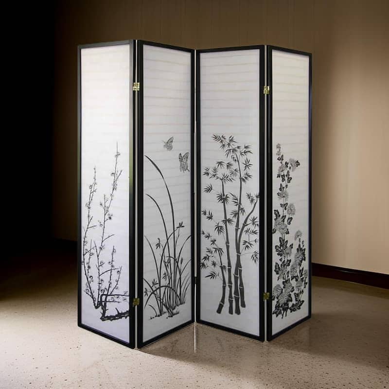 Naturistic Print Wood and Paper 4 Panel Room Divider, White and Black