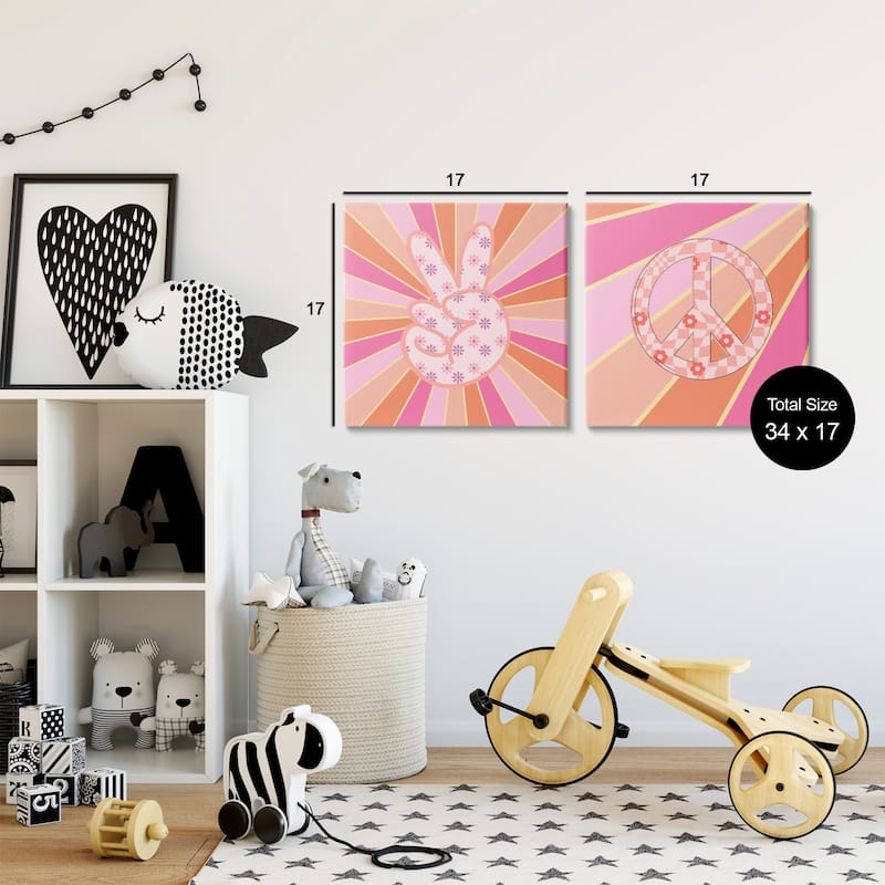 Stupell Groovy Peace Symbols on Stripes Canvas Wall Art Design By Jesse Keith (Set of 2)