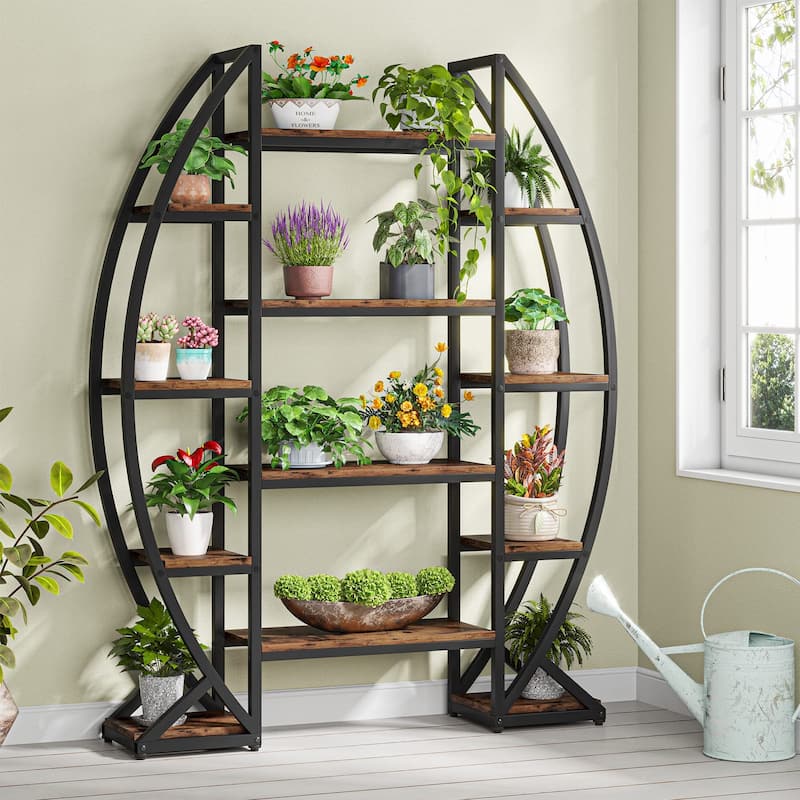 5 Tier Plant Stand Indoor, Half-Moon Shaped Large Plant Shelf - Brown