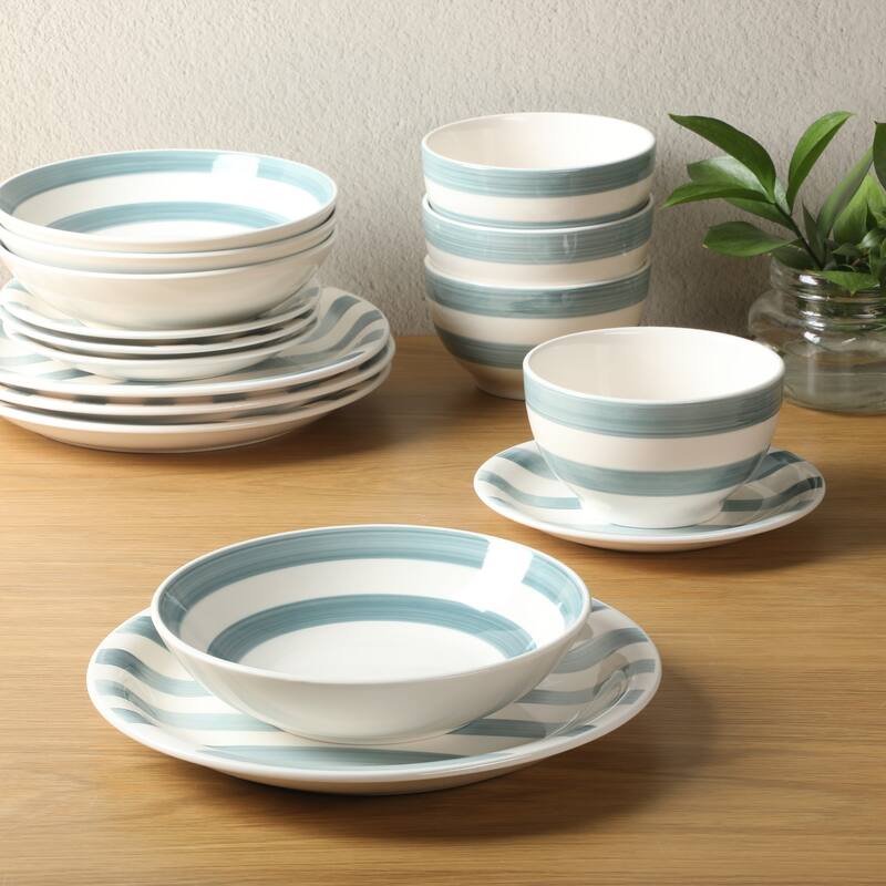 Gibson Home Kenwood Shores 16 Piece Stoneware Dinnerware Set, Hand-Painted Plates and Bowls, Service for 4