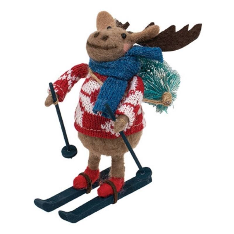 Skiing Moose Felted Ornament for Christmas Tree Decoration - 3.50" x 3.50" x 6" - Multi