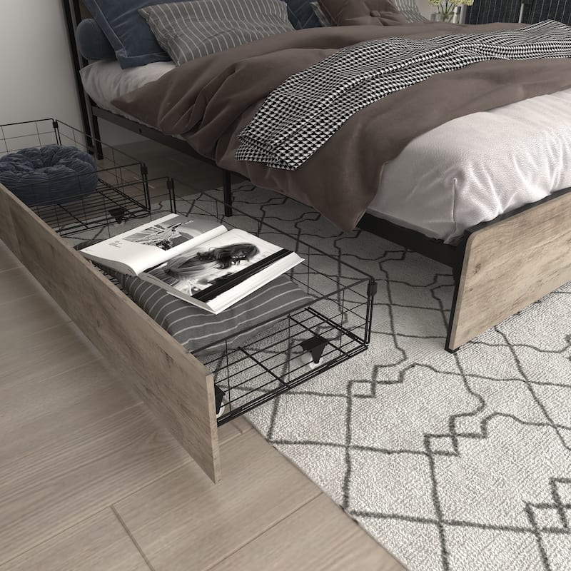 Metal Platform Bed Full Bed Frame with Storage Headboard, LED Lights & Charging Station, 4 Storage Drawers, Noise-Free,Gray Wash