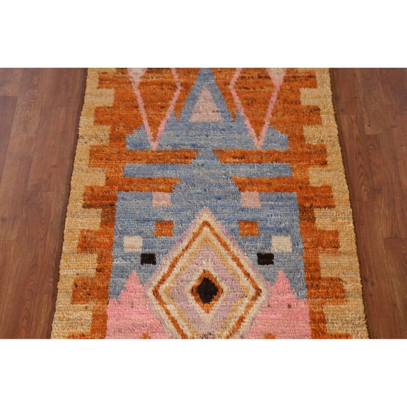 Geometric Orange Moroccan Runner Rug Handmade Wool Carpet - 2'10" x 9'8"