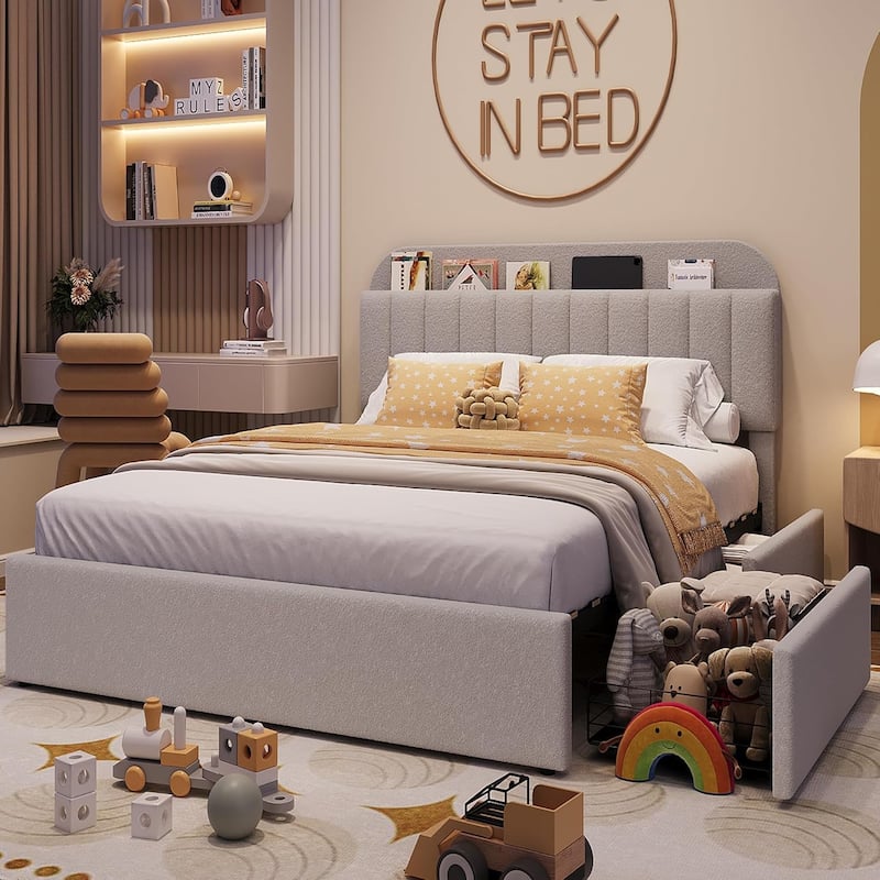 Upholstered Platform Bed with Storage Drawers and Bookcase Headboard, Noise-Free and Easy Assembly