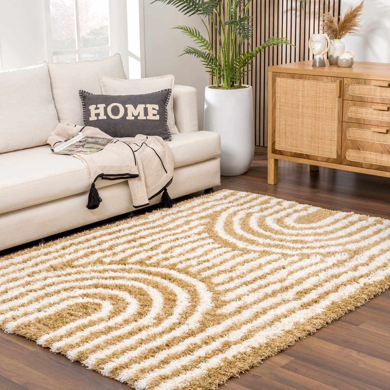 Hauteloom Calup Living Room, Bedroom Area Rug - Plush Pile - Camel, Ivory - 5'3" x 7'3"