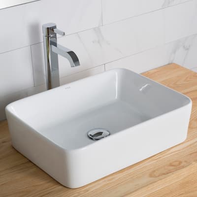 Kraus 3-in-1 Set White Rectangle Ceramic Sink, Ramus Faucet w/Drain