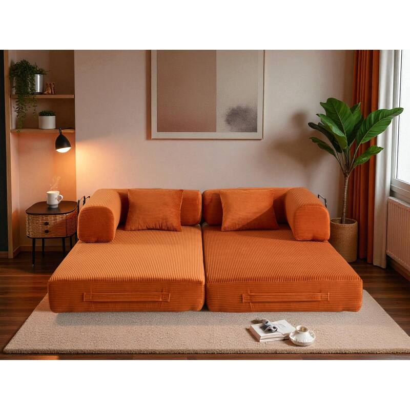 Convertible Corduroy Sleeper Sofa Bed, 4-in-1 Folding Mattress Couch with Cylindrical Pillow & Fixed-Shape Frame, No-Assembly