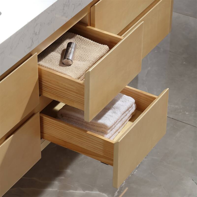48 in./ 60 in. Solid Wood Wall-Mounted Bathroom Vanity Set in Maple with Engineered Stone Top and Ceramic Sink